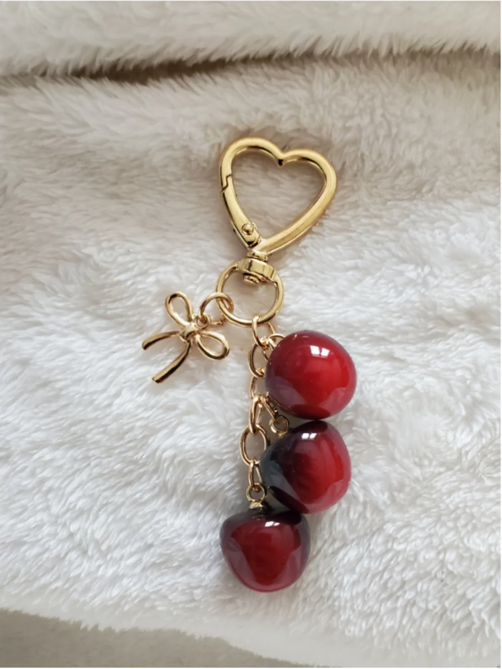 Dark Red cherry 🍒 Keychain or bag charm with Gold ribbon
